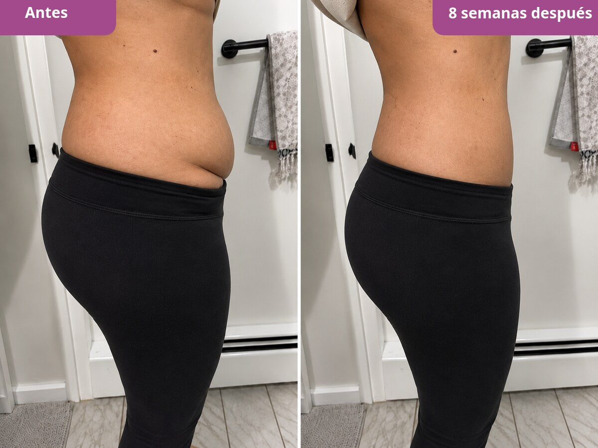 Antes y 8 semanas después: perfil de la cintura de una mujer, de lado, con mallas negras