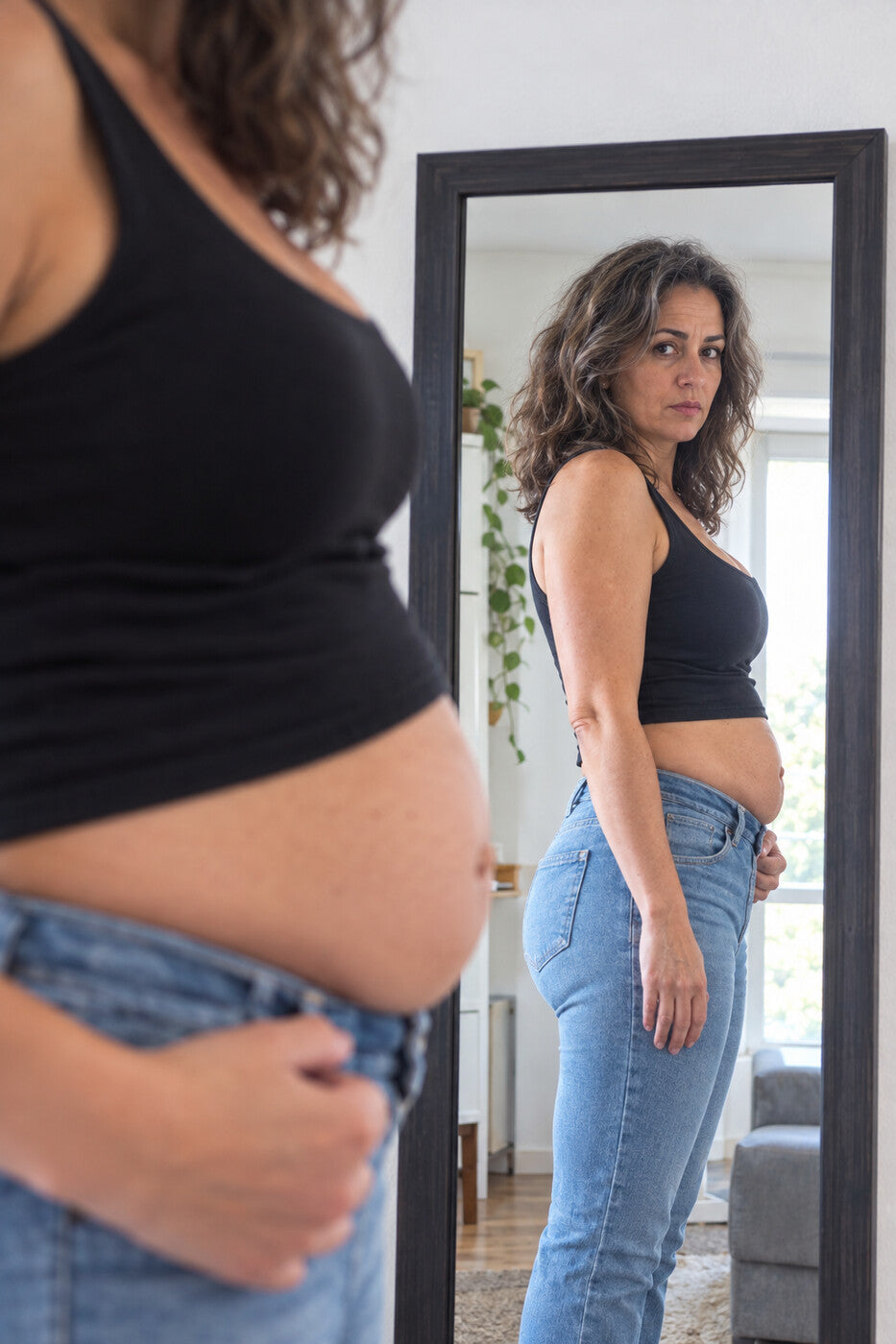 Mujer frente al espejo, de perfil, con vaqueros