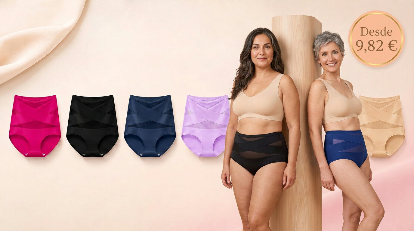 Braguitas LumiSkyn de banda cruzada en varios colores y dos mujeres que las llevan