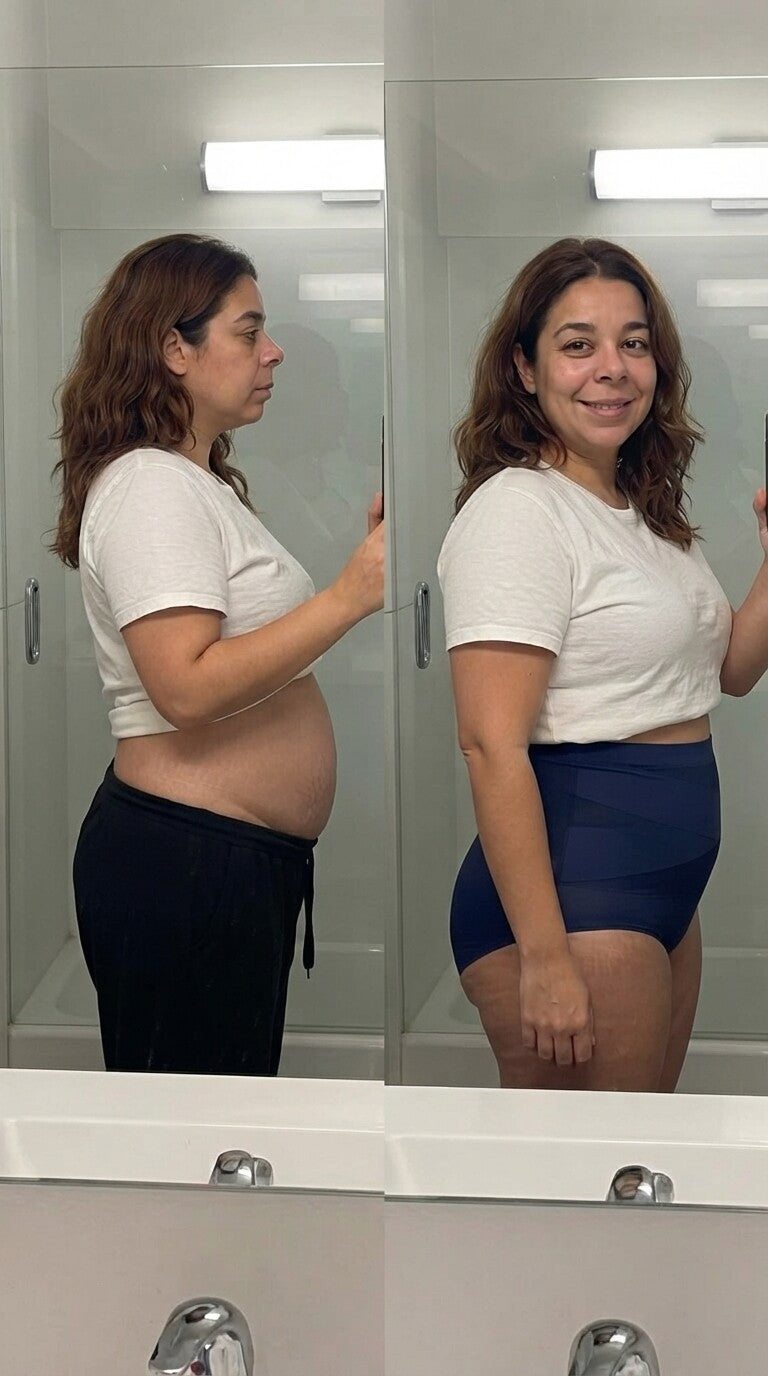 Antes y después de perfil frente al espejo, sonriendo, con la braga moldeadora azul marino de LumiSkyn