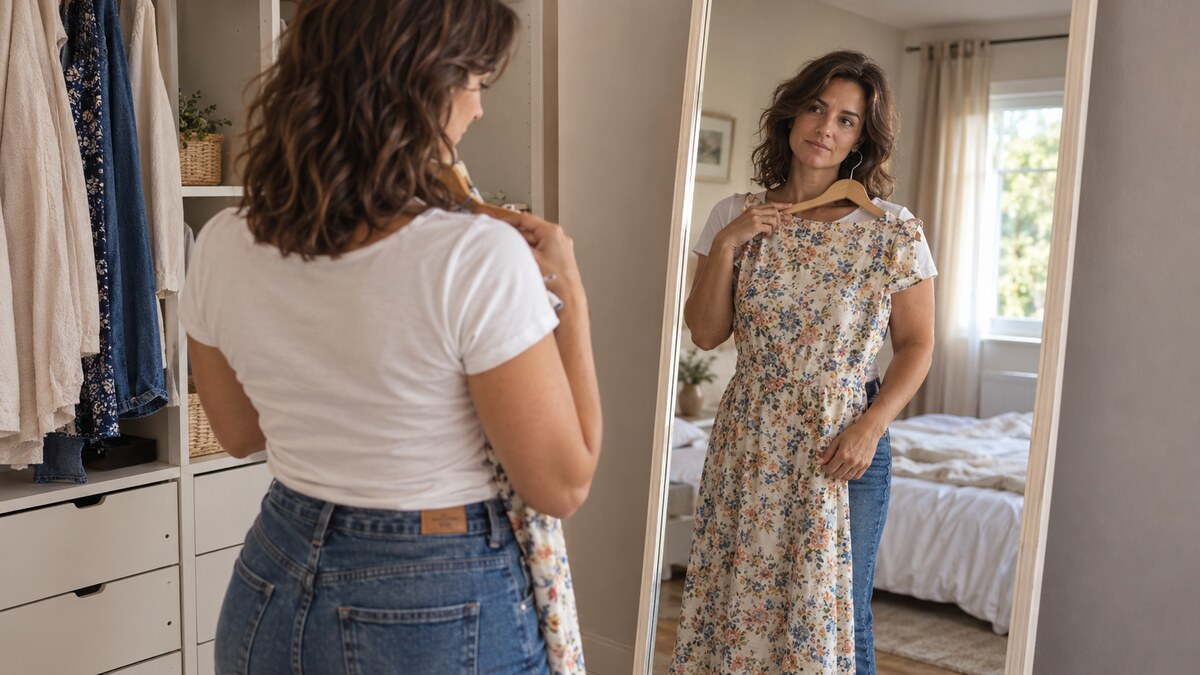 Mujer frente al espejo sosteniendo un vestido estampado, con su reflejo