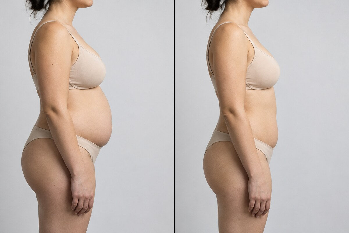 Antes y después: mujer de perfil en ropa interior beige