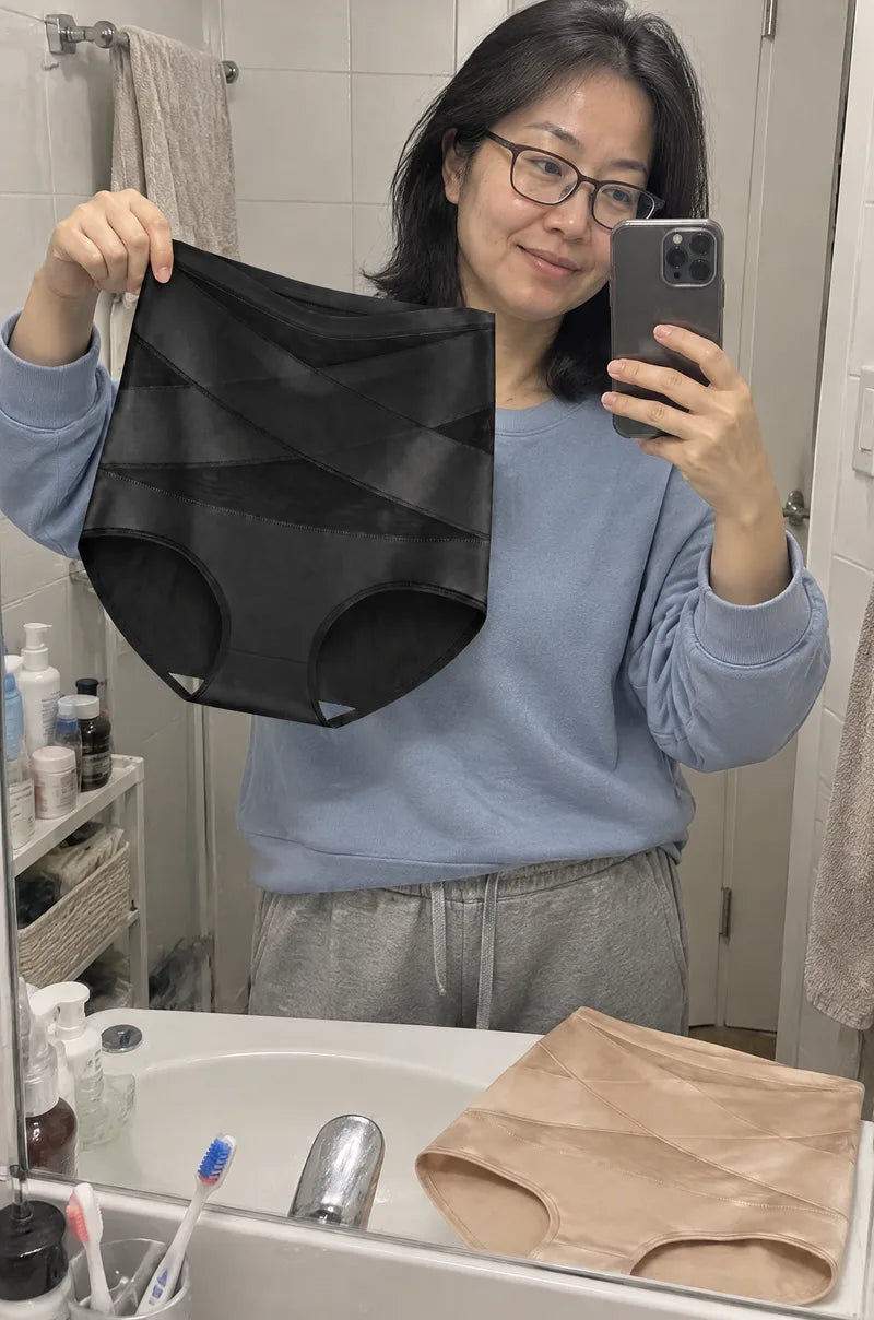 LumiSkyn customer wearing her 360° shaping briefs