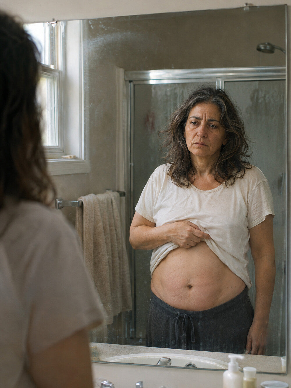 Mujer de más de 50 años mirándose en el espejo del baño