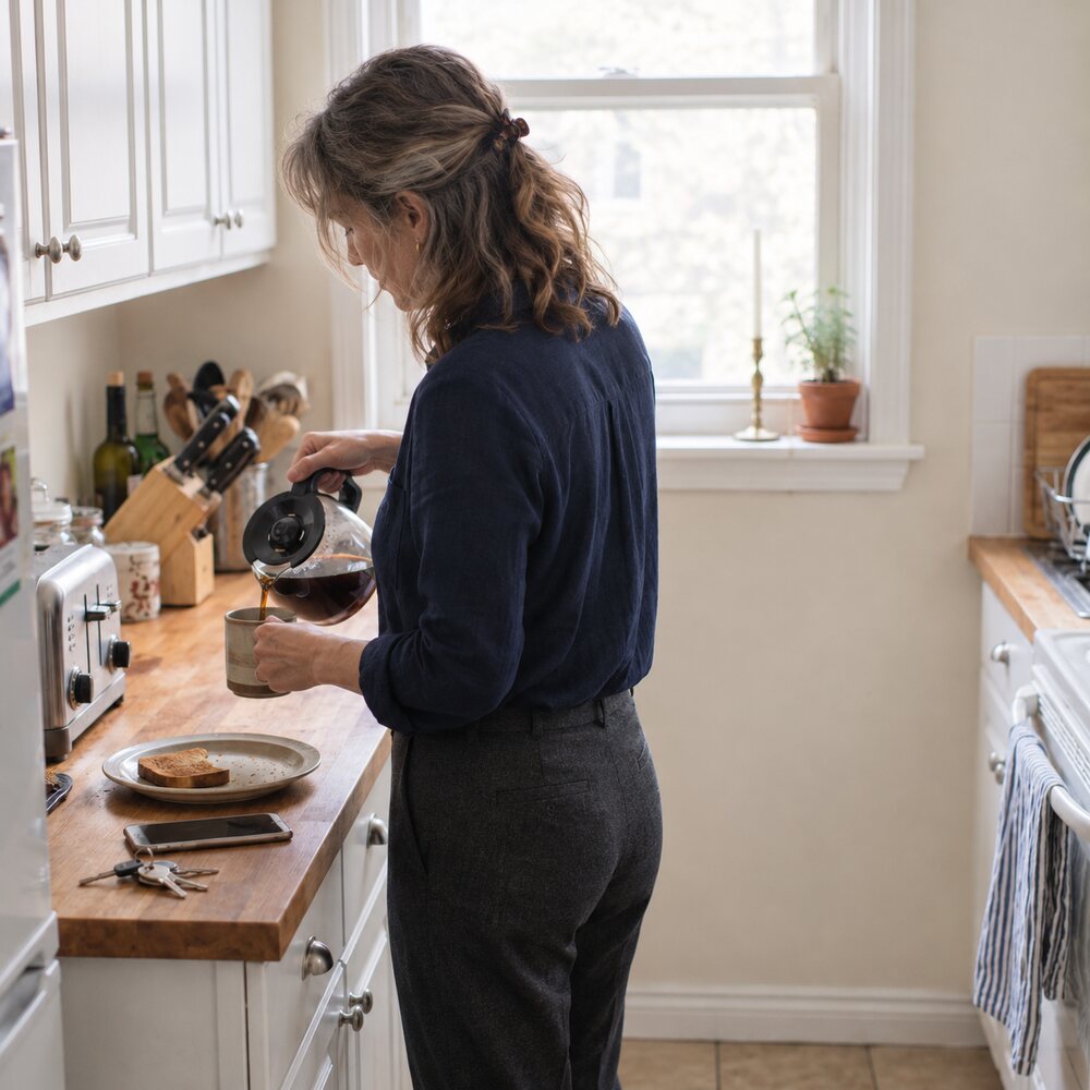 Mujer sirviéndose un café por la mañana en su cocina