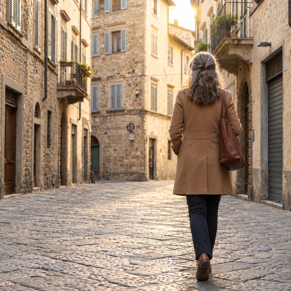 Mujer paseando por una calle empedrada